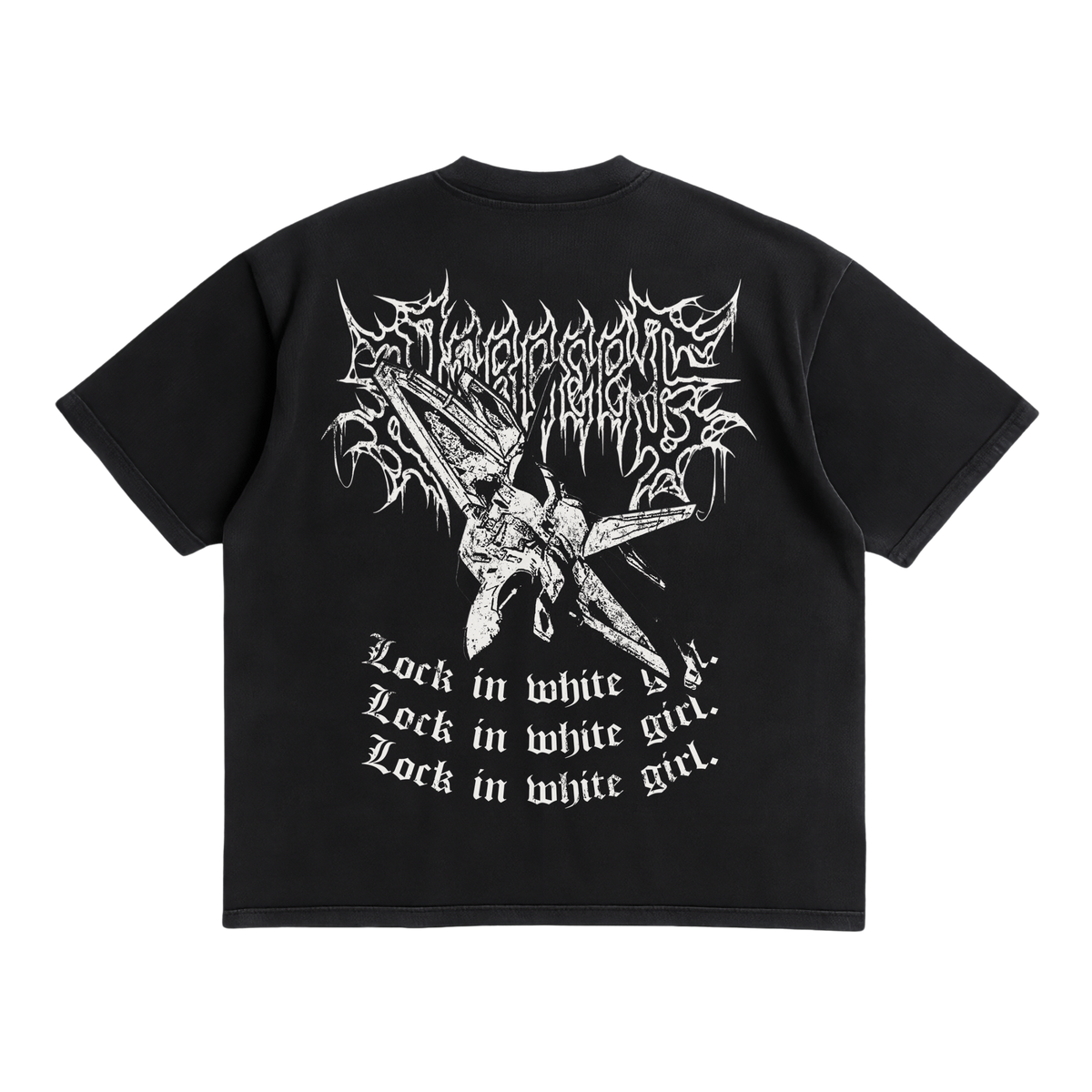 Back view of NTRCEPT Lock In White Girl F-22 Raptor black shirt with large aircraft graphic