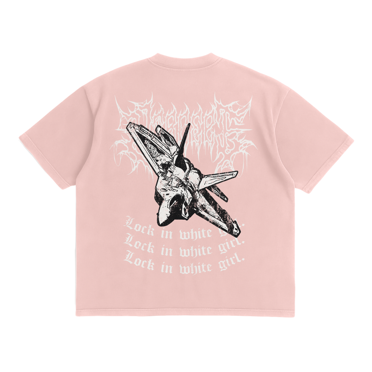 Back view of NTRCEPT Lock In White Girl F-22 Raptor pink shirt with large aircraft graphic