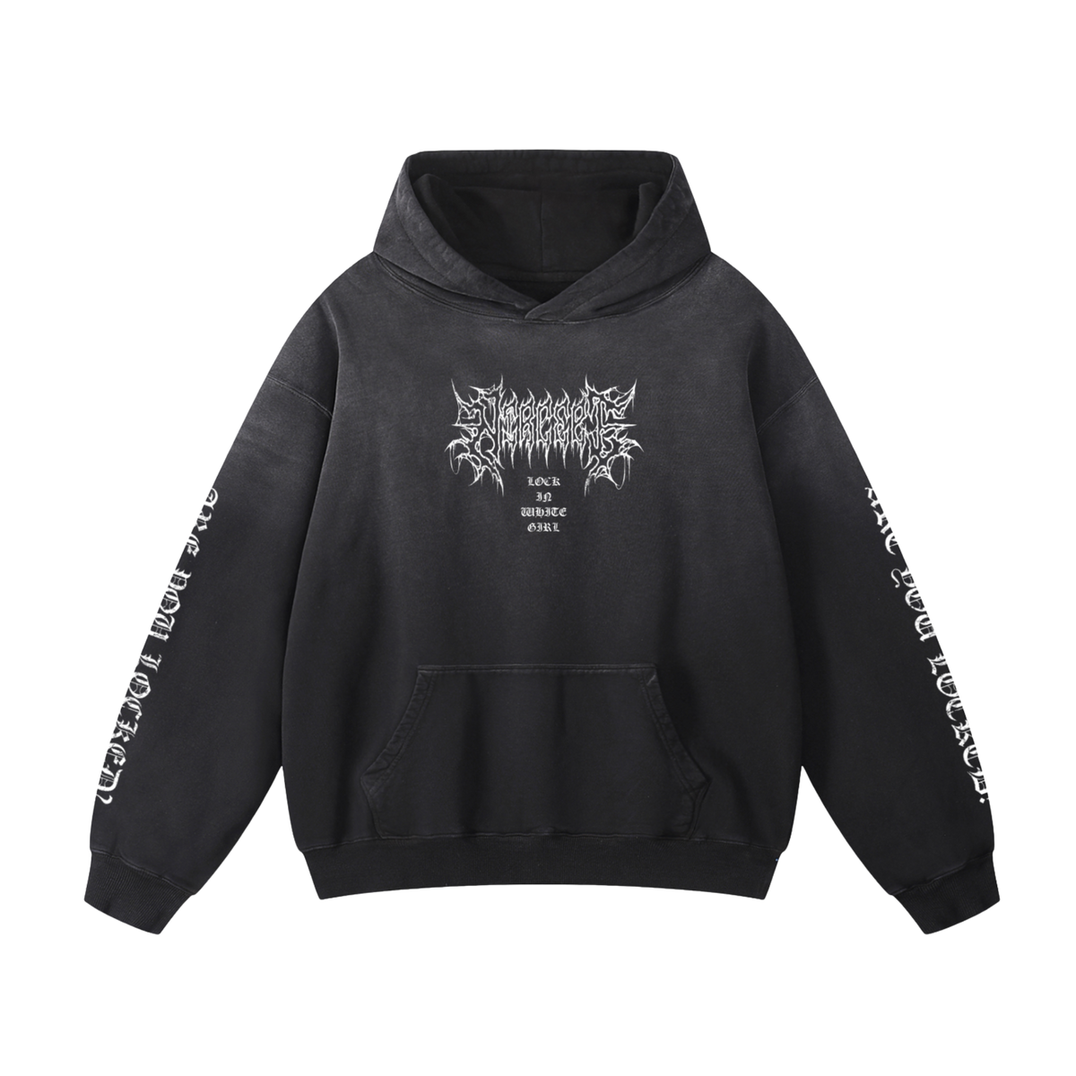 Front view of NTRCEPT Lock In White Girl F-22 Raptor sunfaded black hoodie