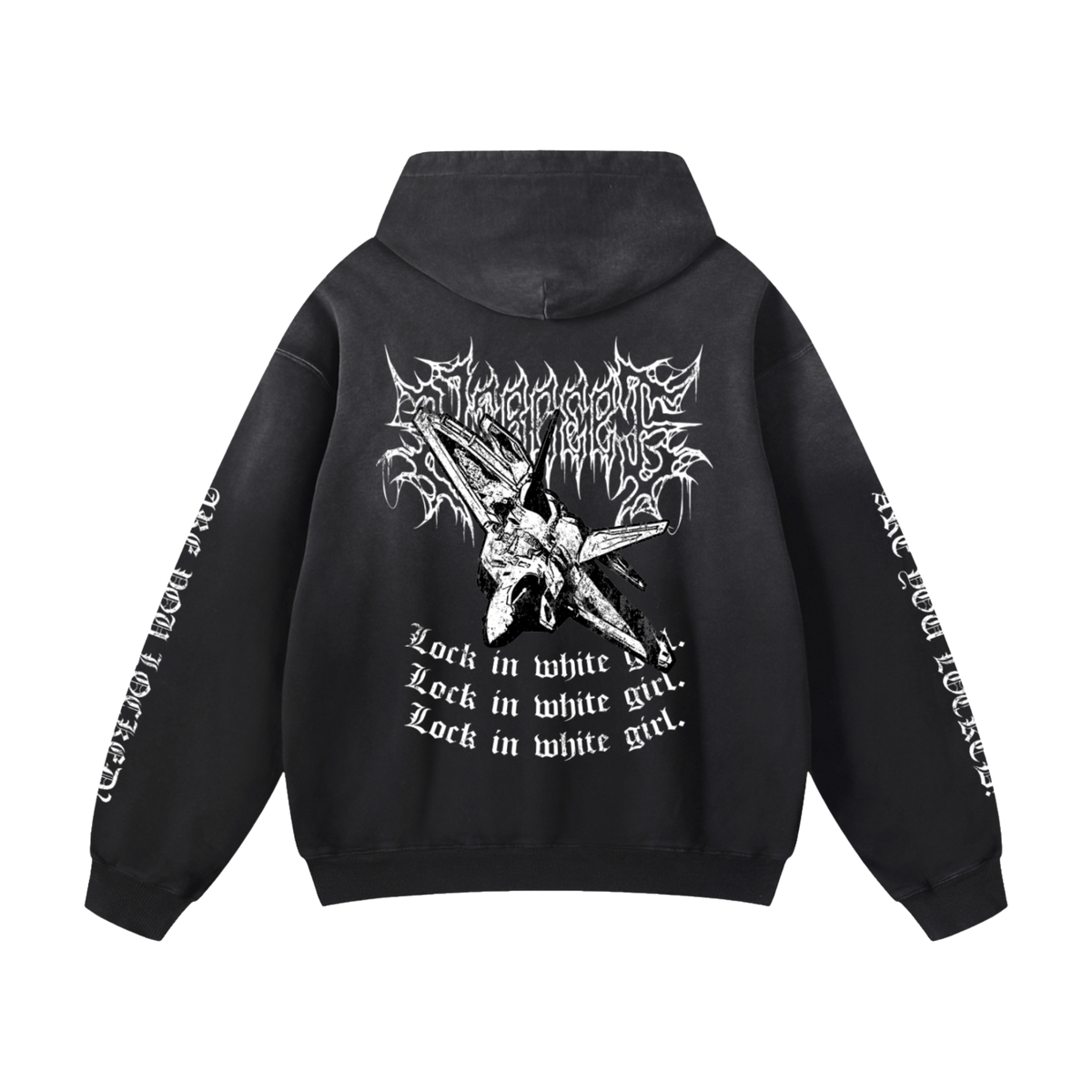Back view of NTRCEPT F-22 Raptor Lock In White Girl hoodie with large aircraft graphic