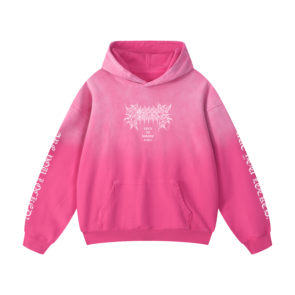 Front view of NTRCEPT Lock In White Girl F-22 Raptor sunfaded pink hoodie