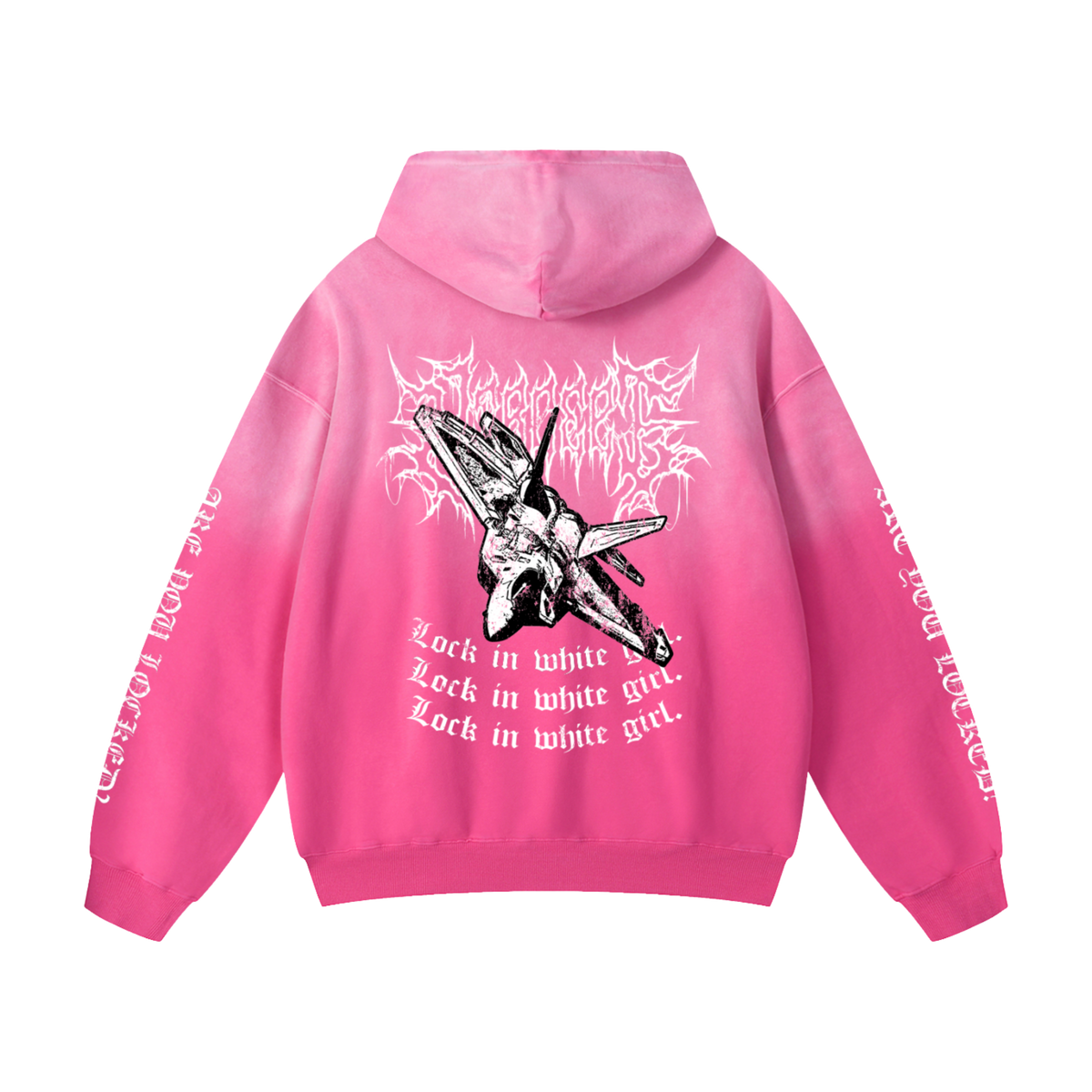 Back view of Pink NTRCEPT F-22 Raptor Lock In White Girl hoodie with large aircraft graphic