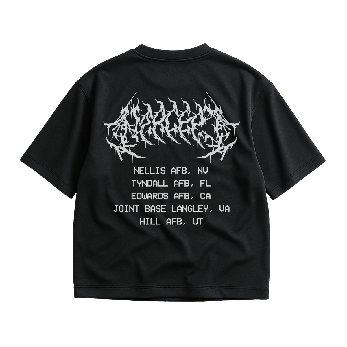 Back view of NTRCEPT F-22 Raptor USA Tour T-shirt with distorted USAF base graphic